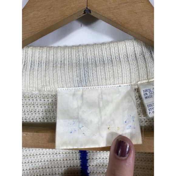 Vintage OP Cardigan Sweater Mens Large Rainbow Stripe White Chunky Knit Grandpa - Picture 9 of 13